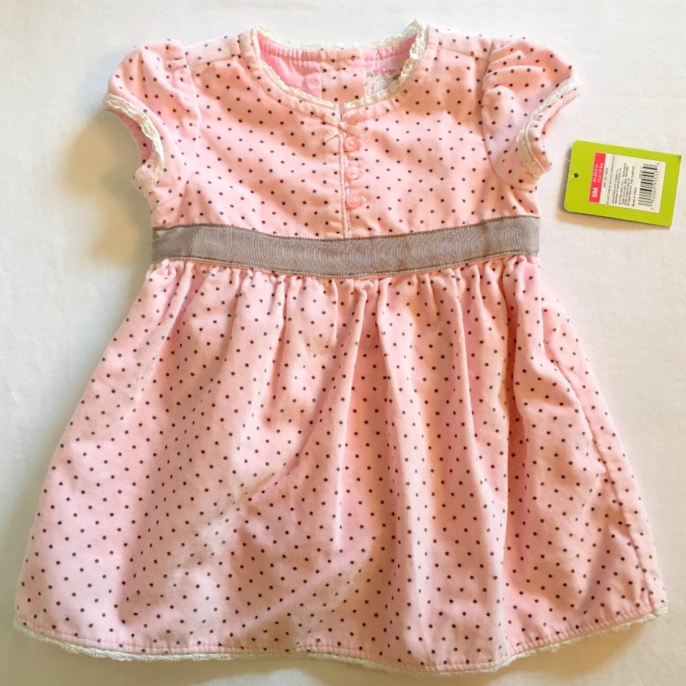 Genuine Baby Osh Kosh 6M Velvet Dress Set Pink Brown Dots Print Valentine Gift